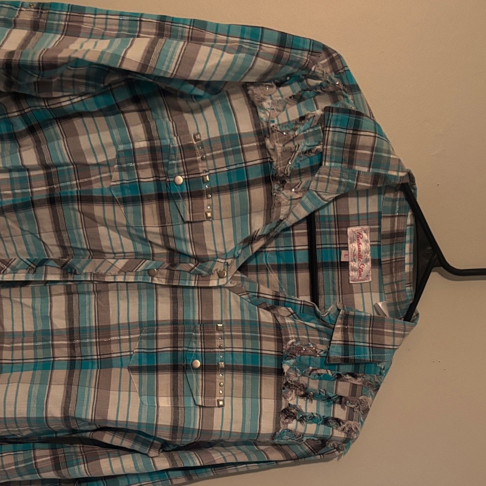 Panhandle Slim Turquoise and Gray Plaid Western Snap Shirt